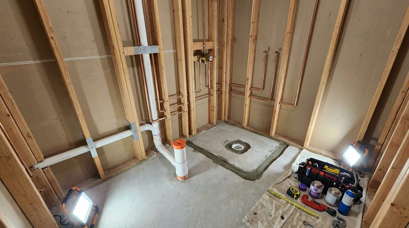 Bathroom rough-in plumbing during remodel by Johns Plumbing LLC in Delhi
