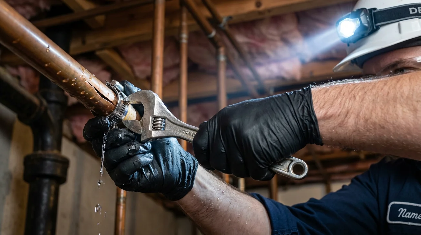 Emergency pipe clamp repair being performed by a Johns Plumbing LLC plumber in Delhi