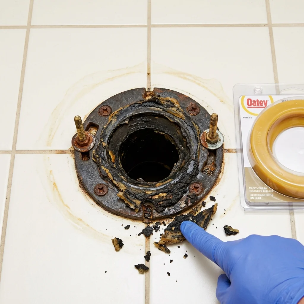Failed wax ring showing water seepage at the base of a toilet in a Delhi, NY home