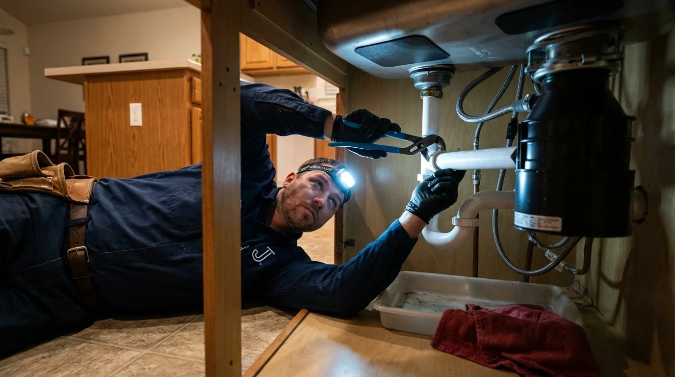 P-trap and supply line connections under a kitchen sink showing a common leak point in Delhi, NY